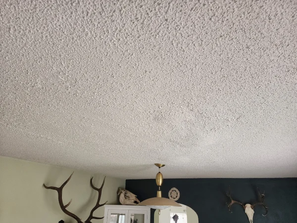 Seamlessly repaired popcorn ceiling after water damage restoration and painting.