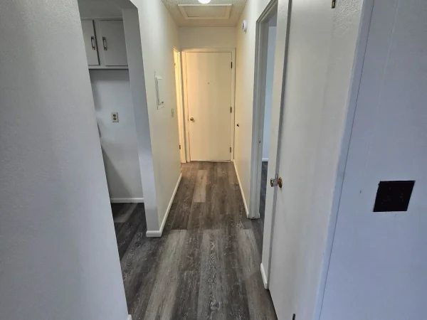 Vertical view of a renovated hallway with LVP flooring in Missoula.