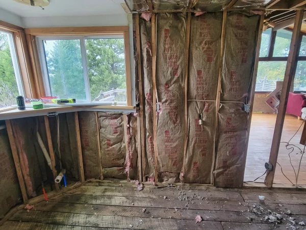 New wall insulation installed during a kitchen flood restoration in Missoula.