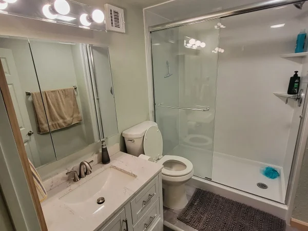 Wide view of a remodeled bathroom with new shower, toilet, and vanity