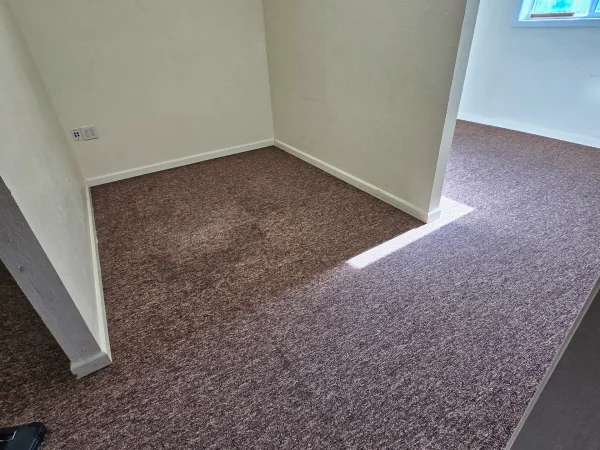 Modular commercial carpet tiles in a multi-tonal brown pattern installed in an office.