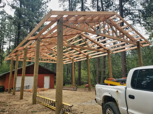 Structural wood framing and truss installation for a Missoula pavilion.